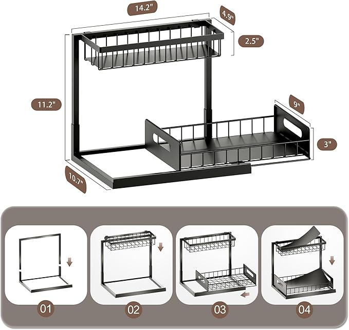 VUSIGN Under the Sink Organizer, 2-Tier Pull Out Cabinet Organizer, Metal Slide Out Storage for Bathroom Kitchen, 1 Pack, Black