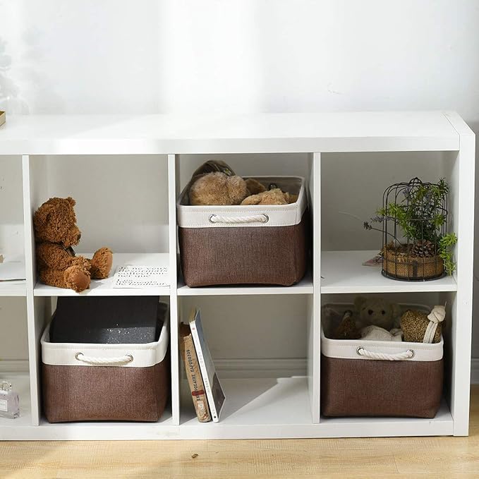 Sacyic Large Storage Baskets for Shelves, Fabric Baskets for Organizing, Collapsible Storage Bins for Closet, Nursery, Clothes, Home & Office [3-Pack, White&Brown]