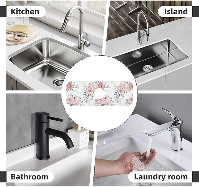 Peony Peonies Pink Flowers Leaves Watercolor Floral Kitchen Sink Splash Guard Faucet Mat Super Absorbent Fast Drying Mat Sink Gadgets-Fast Drying Pad Sink Mat For Kitchen Bathroom (15" X 5.5" )