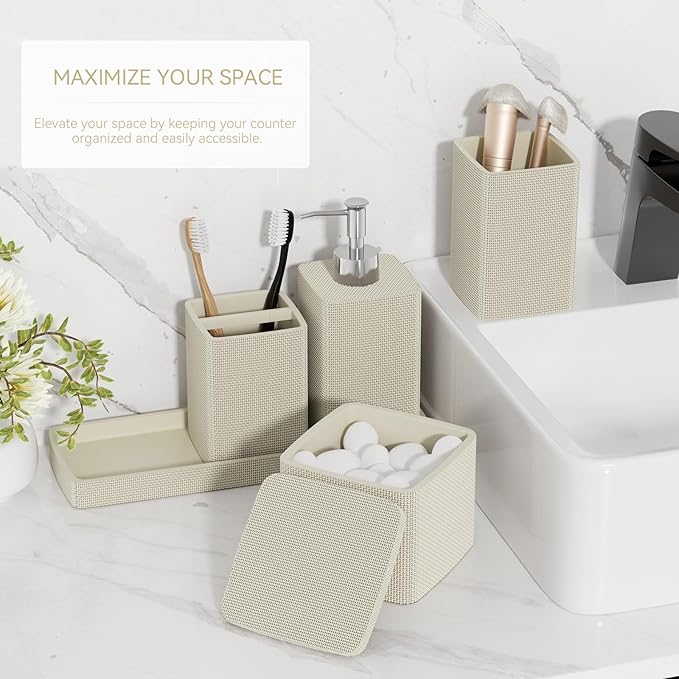 Beige Bathroom Accessories Set 5 Pieces, Resin Toothbrush Holders Set Complete with Soap Dispenser, Toothbrush Holder, Vanity Tray, Bathroom Tumbler and Qtip Holder for Small Spaces
