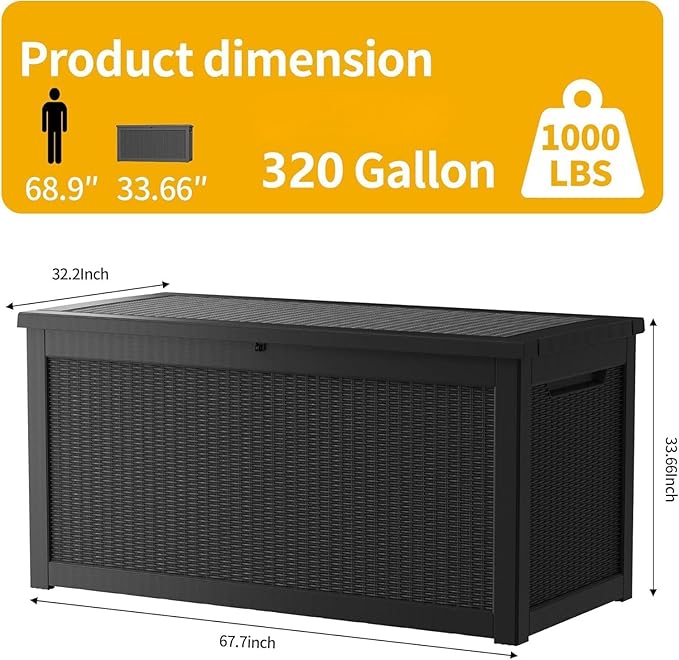 Outdoor Storage Box Waterproof, 320 Gallon Large Lockable Deck Box, Patio Storage Bin Bench for Pool Accessories Cushion Furniture, Garden Tools, UV-Resistant Outside Delivery Black