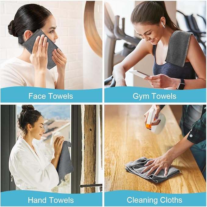 Orighty Washcloths Towels Set 10 Pack, Highly Absorbent and Soft Feel Microfiber Face Cloths, Multi-Purpose Wash Cloths & Hand Towels for Bathroom, Hotel, Spa, and Gym, 11.5x11.5 Inch, Grey