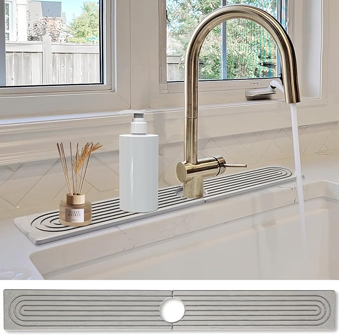 Stone Faucet Mat for Kitchen Sink- 23.6''x 3.9''Diatomite Fast-Drying Faucet Mat, Super Water Absorbing Stone Tray for Sink,Faucet Splash Guard for Bathroom Counter (Gray)