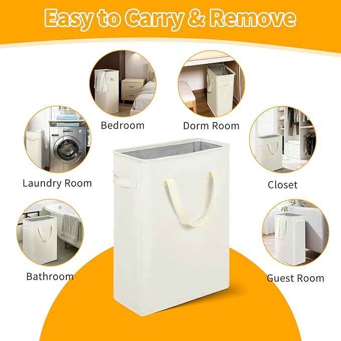 Slim Laundry Hamper, 48L Ultra Thin Collapsible Laundry Basket with Handles, Foldable Basket Laundry Bag Dirty Clothes Hamper for Bathroom Bedroom(Beige)