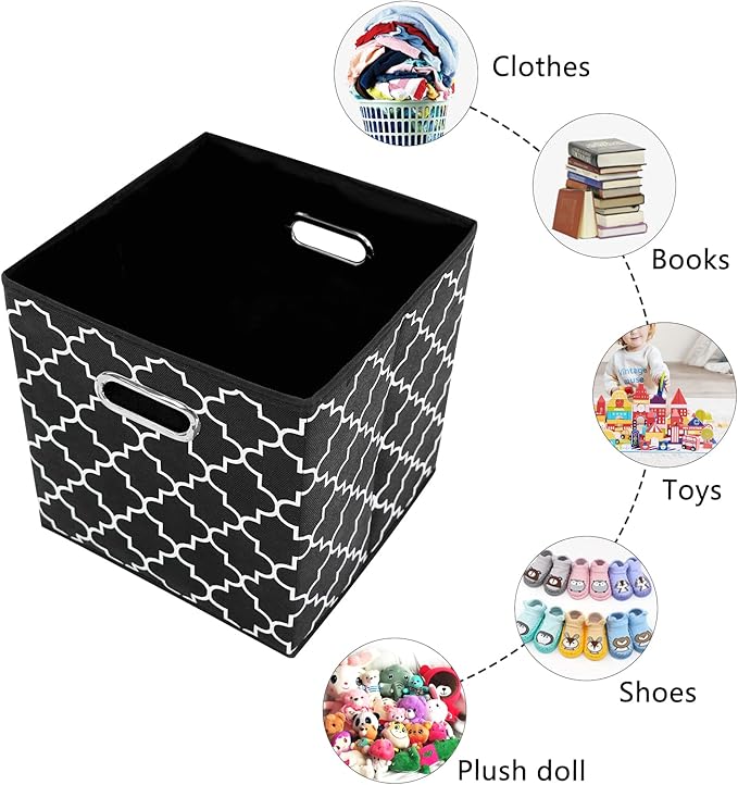 11 Inch Cube Storage Bins , Fabric Cube Organizer Bins with Handle, Foldable Cube Bins for Cloth or Accessary Storage, 11x11x11 Set of 3 (Black Light)