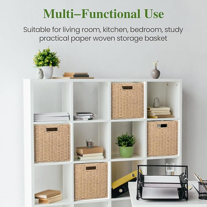 Woven Wicker Storage Baskets 2-Pack, 11x11 Handwoven Paper Rope Organizer Bins, Foldable Cube Storage Cubes with Built-in Handles for Shelves and Closet Organization(Natural Beige)