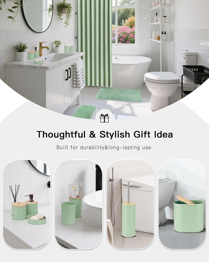 IMAVO Green Bathroom Set,26Pcs Bathroom Accessories Set with Waffle Shower Curtain,Rugs,Trash Can,Tray,Soap Dispenser,Soap Dish,Toothbrush Holder,Toothbrush Cup,Toilet Brush Holder and Qtip Holders