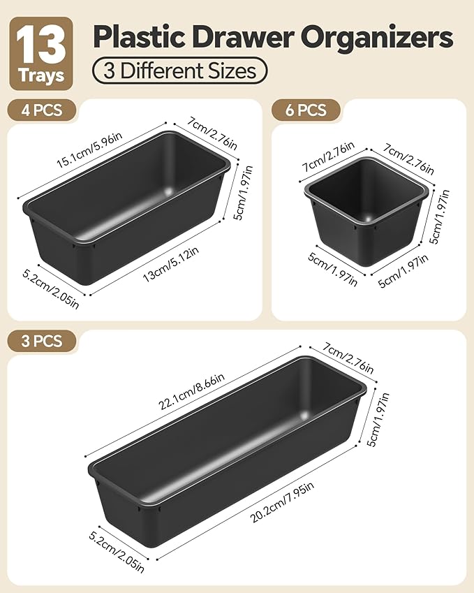 13 Pack Plastic Drawer Organizers Set, 3 Sizes Desk Drawer Organizer Trays for Vanity and Makeup Organizer, Organization and Storage for Makeup, Kitchen Utensils, Bathroom and Office(Black)