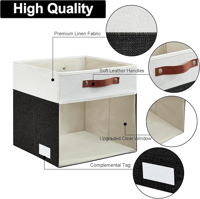 Storage Cubes, 4 Pack Linen Foldable Storage Bins (13 x 13 inch) with Clear Window and Handles, Fabric Organizer for Shelf Closet, Clothes, Books - (Black and White)