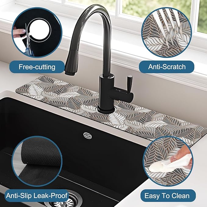 Embossed Leaf Texture Sink Faucet Absorbing Mat Grey Leaf Super Absorbent Fast Drying Mat Sink Gadgets Behind Faucet Sinkmat for Kitchen Bathroom, 23.5"x5.5"