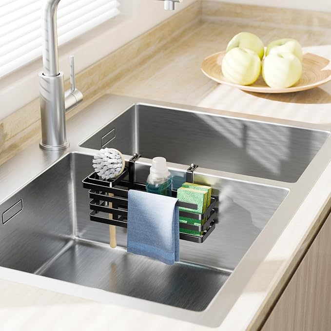NiHome Over Sink Divider Sponge Holder for Sponges, Brushes & Accessories, Multi-Compartment Storage Caddy for Double Sinks, Fast Drainage Adjustable Kitchen Sponge Organizer, Easy to Install & Remove