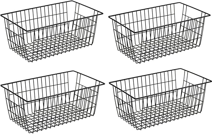 SANNO Large Freezer Baskets Metal Storage Organizer Bin Basket Wire Storage Basket for Kitchen Pantry Bathroom Large Metal Farmhouse Food Fruit Produce Organizer Bins,black,4