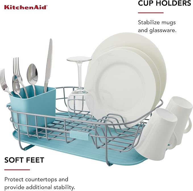 KitchenAid Low Profile Compact Dishrack with Removable Flatware Caddy and Angled Self-Draining Board, Rust Resistant Wires, 12.59 x 17.55 x 6.29 Inch, Mineral Water