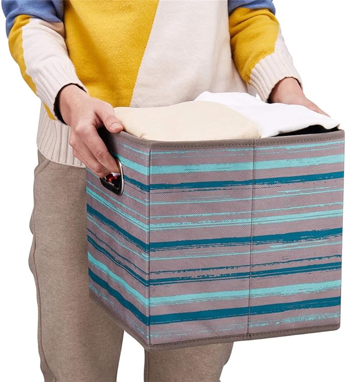 6 Cube Storage Bins Teal Stripes Gradient Lines 10.5x10.5x11 Inch Foldable Whale Coastal Print Fabric Half Storage Basketes for Home Organizers Storage Drawer,QY-SC12-6