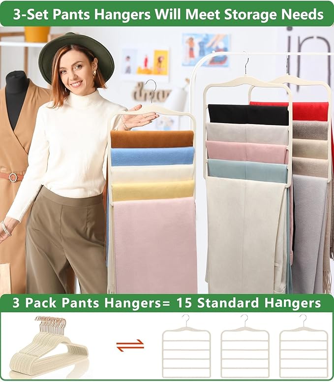 Pants Hangers Space Saving,Organization and Storage for Dorm Room Essentials for College Students Girls,Non-Slip Velvet Hangers,Multifunctional Pant Hanger Closet Organizer for Trousers Scarf-3 Pack
