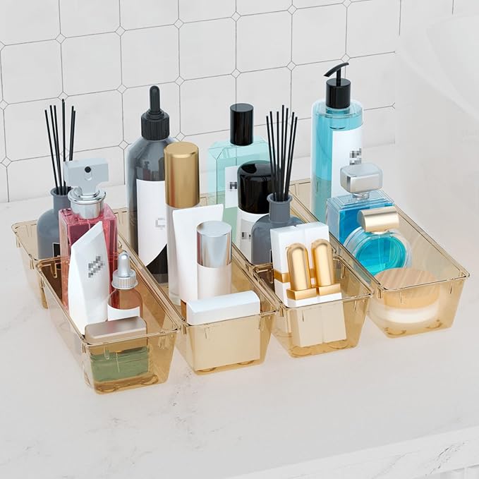 WOWBOX 6 Pack Clear Drawer Organizer Set, Acrylic Drawer Storage Trays, Storage Bins for Makeup, Cosmetics, Jewelries, Utensils, Gadgets, Office, Champagne