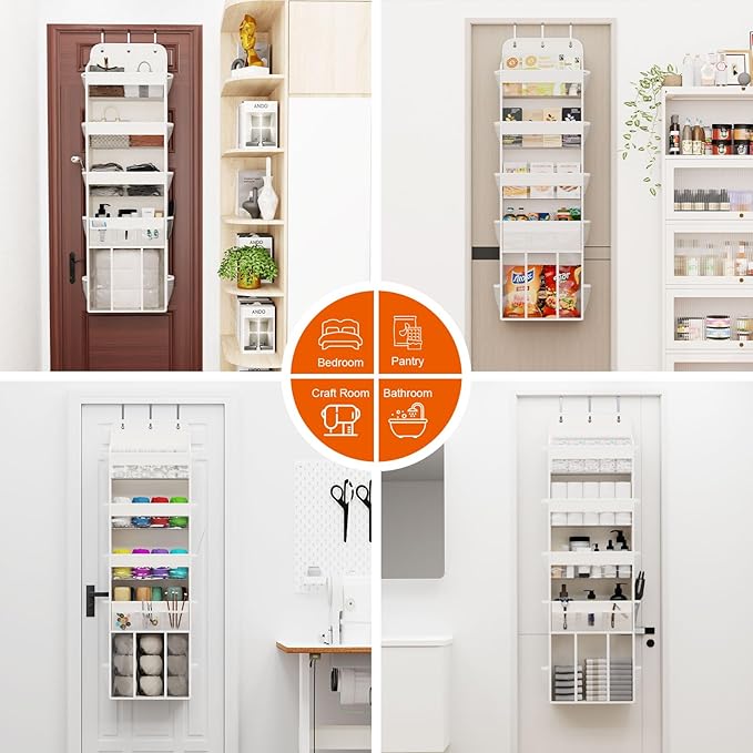 OneDream 5-Tier Over the Door Organizer with Removable Storage Caddy, Baby Clothes Organizer for Nursery, Hanging Behind Door Storage with Clear Pockets and Side Mesh Compartments, Beige