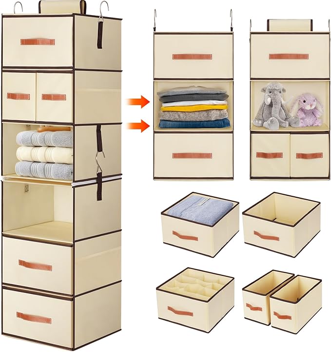 Hanging Closet Organizer 6-Shelf, Upgrade Hanging Shelves for Closet with 5 Removable Drawers & Side Pockets, Hanging Shelf Organizer for Bedroom or Garment Rack, 12.6'' x 12.6'' x 44.1'', Beige