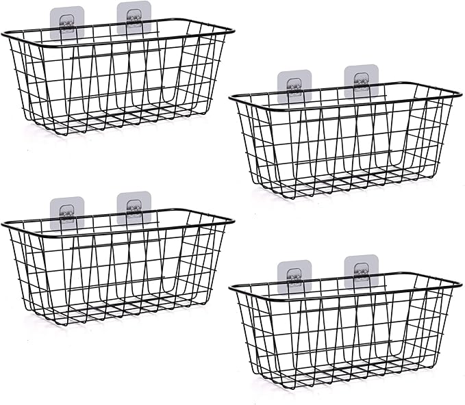 4 Pack Wire Storage Baskets Household Metal Wall-Mounted Containers Organizer Bins for Kitchen Bathroom Freezer Pantry Closet Laundry Room Cabinets Garage Shelf, Medium