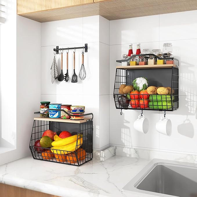 Magnetic Shelf for Fridge with Wood Lid, 2 Tier Fruit Baskets Wall Mounted Hanging Basket with 4 Hanger Hooks, Potato and Onion Magnetic Storage Bins for Kitchen Counter, Refrigerator, Cabinet