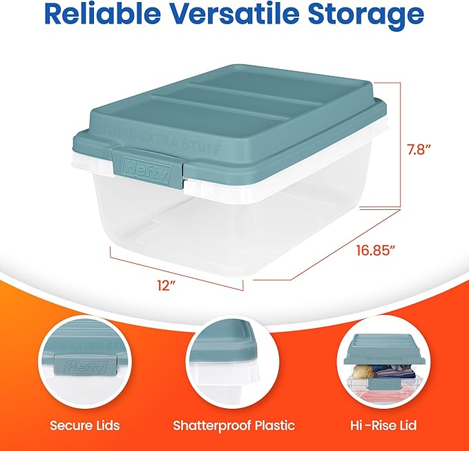 Hefty HI-RISE 18 Qt Plastic Storage Bins with Lids, 8 Pack Clear Stackable Containers with Secure Latching Handles, Under Bed Storage Boxes for Clothes, Shoes, Toys, Closet Organization