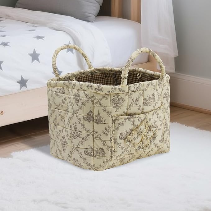 Quilted Fabric Storage Basket with Handles & Pocket, Foldable Laundry Hamper Boho Floral Print Organizer Bin for Home, Picnic, Office 12"x10"x10" (B-1)