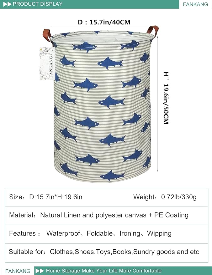 FANKANG Storage Basket, Nursery Hamper Canvas Laundry Basket Foldable with Waterproof PE Coating Large Storage Baskets for Kids Boys and Girls, Office, Bedroom, Clothes,Toys（Shark）