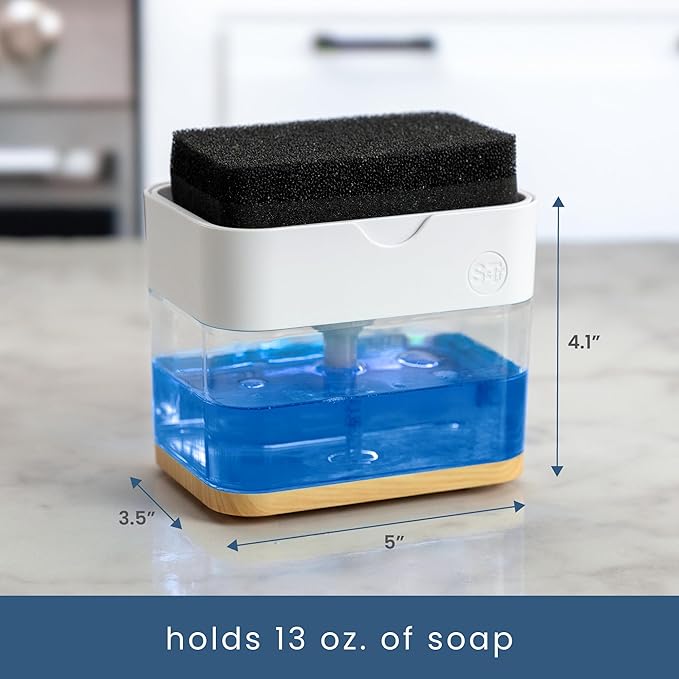 S&T INC. Dish Soap Dispenser and Sponge Holder for Kitchen Sink, Waterproof Labels and Sponge Included, 13 Ounces, Plastic, White and Bamboo