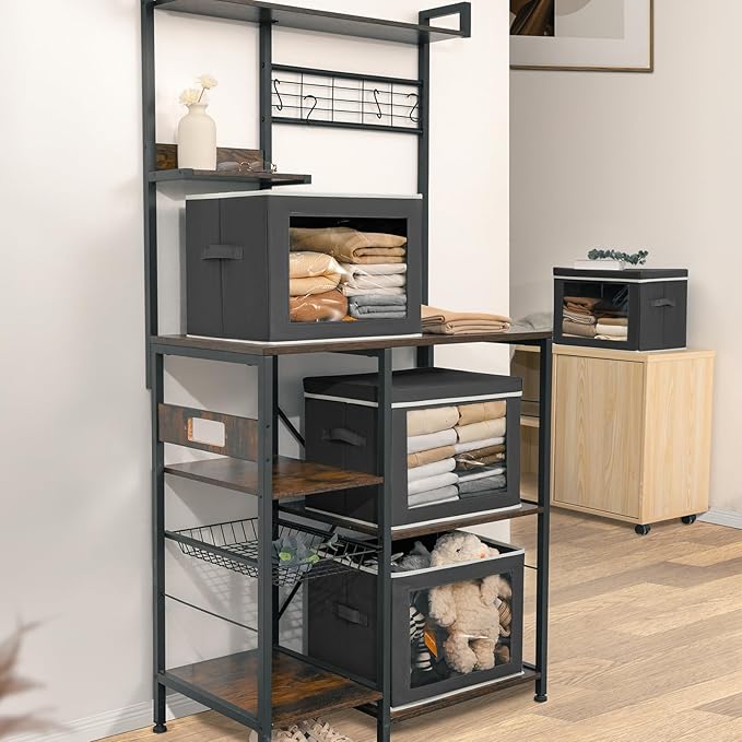 Stackable Storage Bins with Lids - Large Storage Box with Lids, Foldable Closet Boxes for Organizing, Wardrobe Clothes Organizer with Window, Cubes Bins for Living Room, 6 Pack, Dark Grey