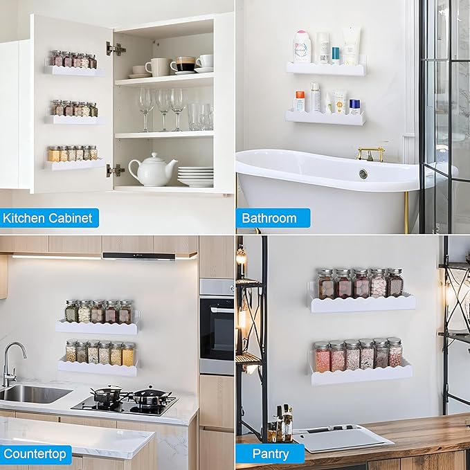 6 inch Spice Rack Wall Mounted,4 Pack Spice Organizer Shelf for Stove Cabinet Pantry Door, Adhesive or Screw Hanging Wall Spice Shelf Storage Holder in Kitchen and RV - White Color