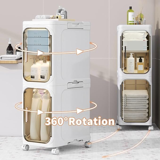2-Tier Slim Bathroom Storage Cabinet, Narrow Storage Cabinet with Wheels, Adjustable Shelves, Magnetic Doors, Water-Proof, Anti-Tip Skinny Organizer Cabinet for Small Space, Cream White