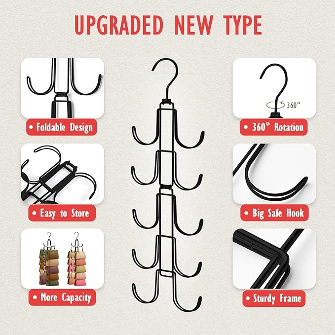 Purse Organizer for Closet, Upgraded Purse Hanger with 10 Big Hooks, 360 Degree Rotation for Better Organizer and Display, Collapsible Space Saving Hangers Rack for Handbag, Scarve, Tie, Black