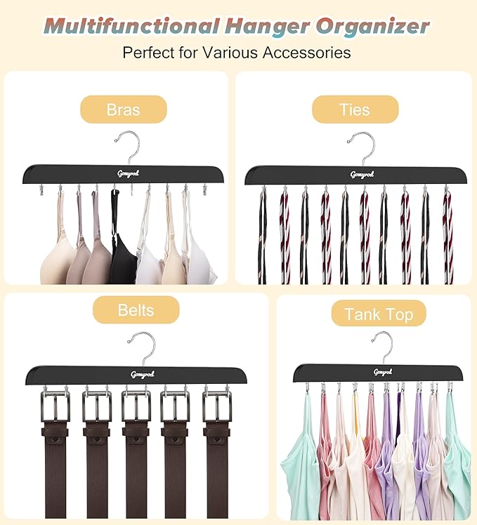 Bra Hanger for Closet, 1 Pack Tank Top Hanger w/20 Hooks Capacity Foldable Wood Space Saving Hangers, 360°Rotating Closet Organizers and Storage for Dorm & Apartment for Bra Scarf Ties(Black)