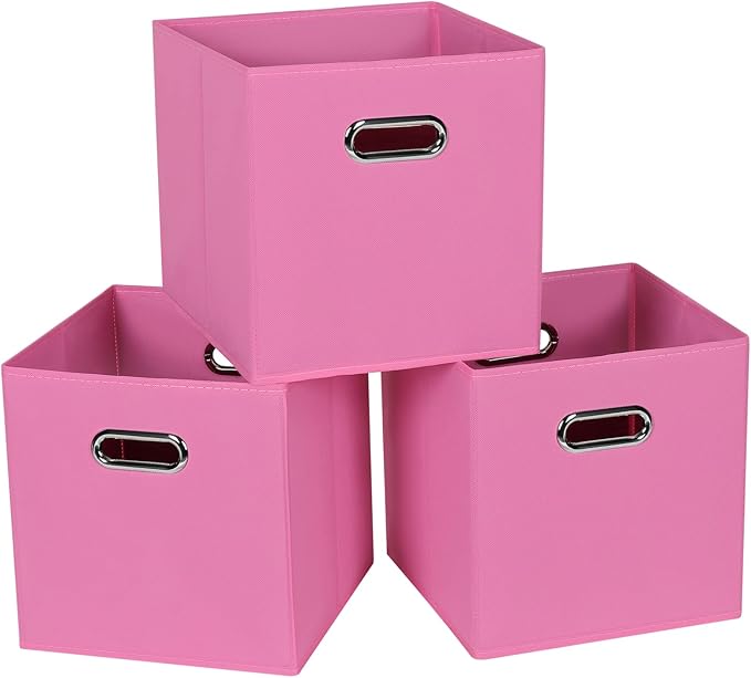 STOREONE Fabric Storage Bins Cubes Baskets Containers-(11X11X11) with Dual Handles for Shelf Closet, Nursery Home ， Bedroom Organizers, Foldable Set of 3 (Pink)