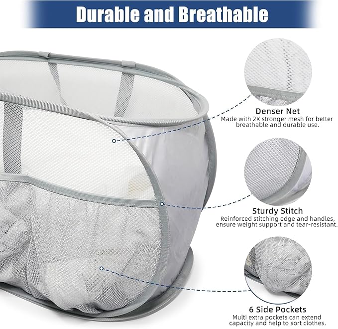 Collapsible Laundry Baskets, Upgrade Pop Up Laundry Hamper with Convenient Bags, Foldable Laundry Basket Mesh Light Weight, Easy to Carry Clothes Hampers for Laundry, Dorm, Toys, Travel 4 Pack