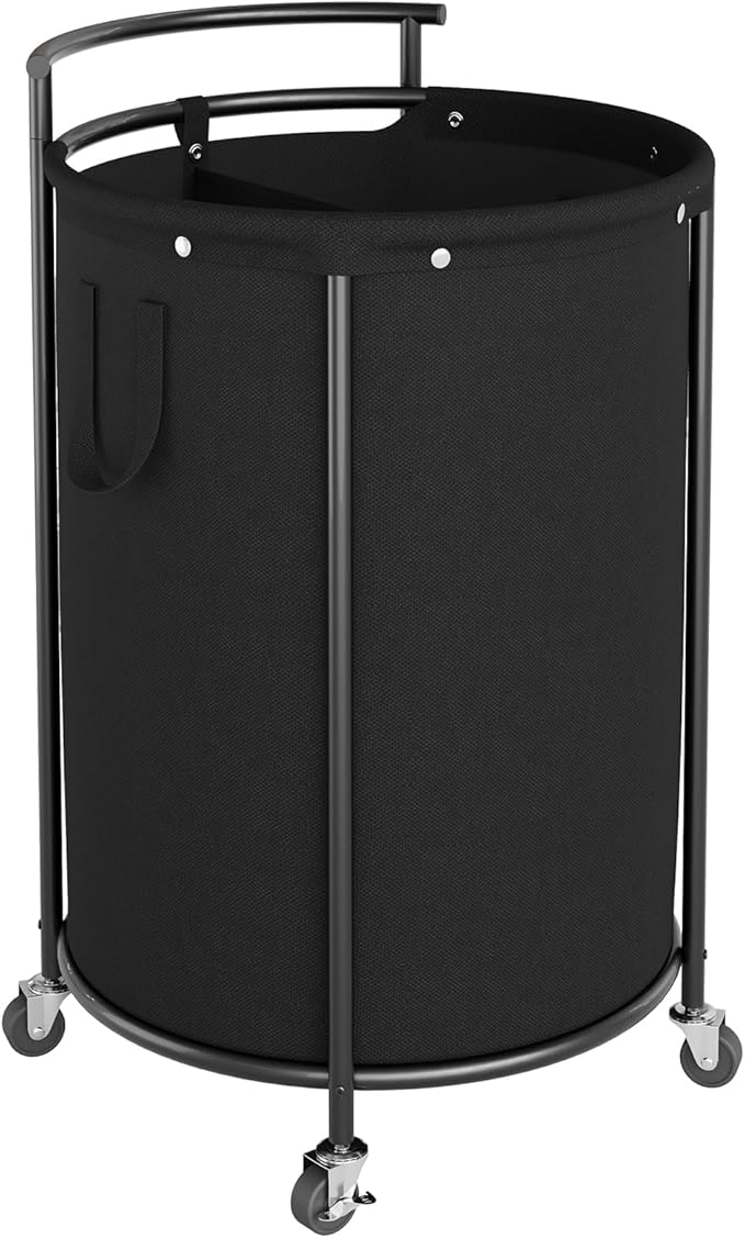 Chrislley 160L Double Laundry Hamper with Wheels, Rolling Laundry Basket with Removable Bag,Round Iron Laundry Cart with Steel Frame and Handle, Dirty Clothes Hamper Organizer for Dorm,Hoom(Black)