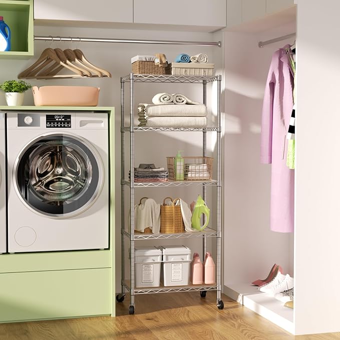 SINGAYE 5 Shelf Storage Wire Shelves Closet Bathroom Organizers Metal Pantry Kitchen Garage Shelving Unit Laundry Room Organization Home Narrow Rack Net Basket with Wheels White