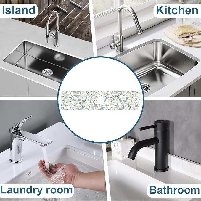 White Flower Sink Faucet Absorbing Mat Cute Chamomile Super Absorbent Fast Drying Mat Sink Gadgets Behind Faucet Sinkmat for Kitchen Bathroom, 23.5"x5.5"