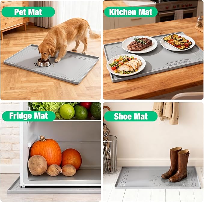 Aisslro Under Sink Mat 22" X 19", Waterproof Silicone Cabinet Organizer Protector with Raised Edge, Kitchen & Bathroom Leak Tray, Shelf Liner & Pet Feeding Mat for Dog Cat Food Mats, Light Gray