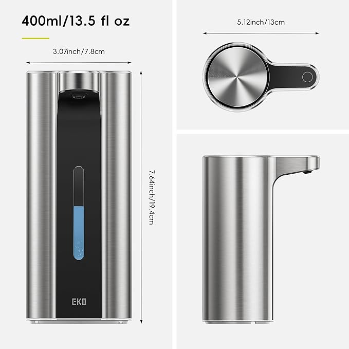 EKO Aroma Pro 13.5 fl oz Touchless Automatic Liquid Soap Dispenser, Rechargeable Hand & Dish Soap Dispenser for Bathroom and Kitchen, Waterproof, Adjustable Volume Control (Stainless Steel)