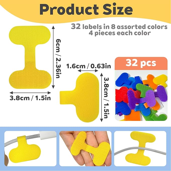 32 Pcs Multi Color Durable Cable Lables with Writable Surface,Waterproof Wire Labels for Electronics Organization,Computer&Industrial Cable Management,1.5" x 0.63"Cord Tags(8 Colors)