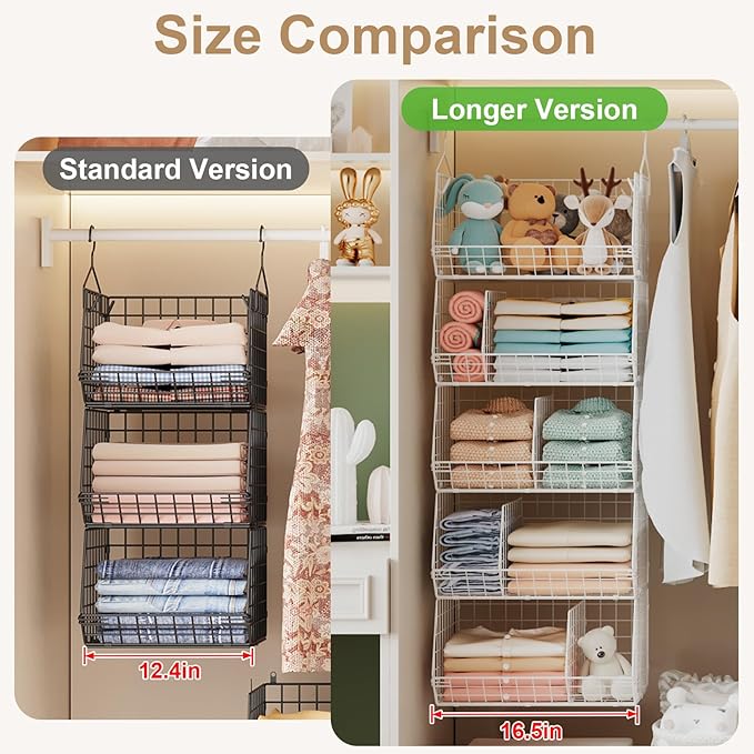 5 Tier Extra Large Closet Hanging Shelves with Divider,2 Pair Hook,16.5"L x 11.8"W x 51.4"H Closets Organizers and Storage,Clothes Organizer Clothing Sweaters Shoes Handbags Clutches Accessories-White