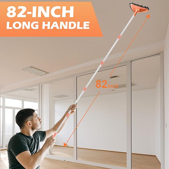 Wall Cleaner Triangle Mop with 82'' Long Handle - Wall Scrubber, Cleaning Washer Tool with 4 Microfiber Chenille Duster Pads for Clean Walls, Ceiling, Windows, Baseboards, Floors (Orange)