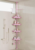 32-122inch Corner Shower Caddy Tension Pole Pink, Rustproof Drill-Free Shower Shelves for Bathroom Bathtub Washbasin, Adjustable Shower Organizer with 4 Tier Patent Stable Shelves & Towel Bars