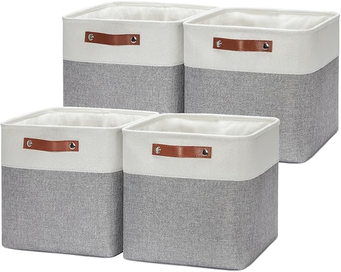 HNZIGE Storage Basket(4 Pack) Fabric Baskets for Organizing Clothes Closet,Towels,Cube Storage Bins,12x12 Storage Cube basket with Handles for Shelves,Toys,Blankets,Office,Room Storage(White&Grey)