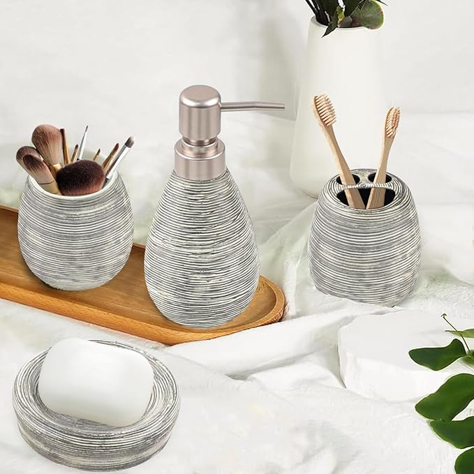 CERBIOR Bathroom Accessories Set,4 Pcs Ceramic Bathroom Decor Accessory,Includes Toothbrush Holder, Toothbrush Cup, Soap Dish for Decorative Countertop and Housewarming Gift(Grey 4pcs)