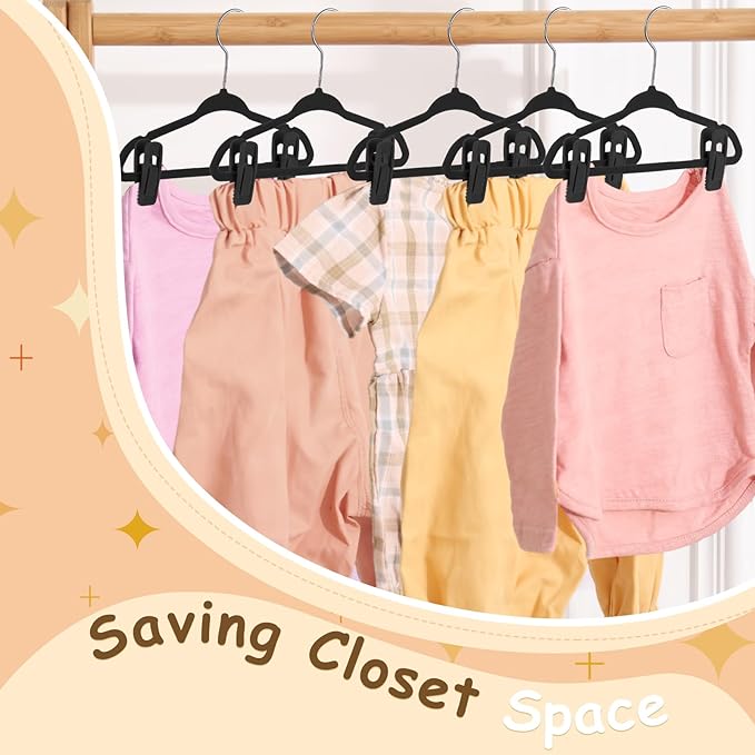 Soaoo 50 Pack Premium Baby Velvet Hangers with Adjustable 100 Clips, Non Slip 11 Inch Slim Kids Closet Organizer for Pants, Dresses & Matching Outfits, Nursery & Toddler Wardrobe (Black)