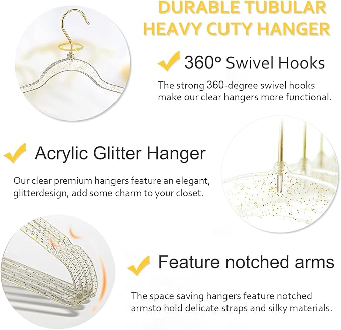 VSV stoage Clear Clothes Hangers 16", 40 Pack Plastic Coat Hanger for Adult Closet, Bling Thin Hangers with Swivel Gold Hook, Notched Shoulders Perchas - Clothing Rack for Bridesmaid Dresses