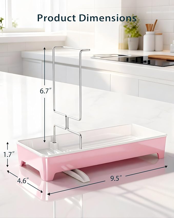Minimalist Sink Caddy, Rustproof Sponge Holder for Kitchen Sink with 304 Stainless-Steel Brush Holder, Countertop Rack Organizer with Raised Ridges & Silicone Drain Tube (Blush Pink)