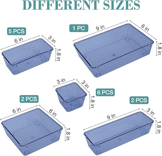 16 PCS Drawer Organizer Set, 5 Varied Size Bathroom and kitchen Drawer cabinet organizer Trays, Clear Storage Bins for Makeup, Jewelry, Utensils and Gadgets,Dark Blue
